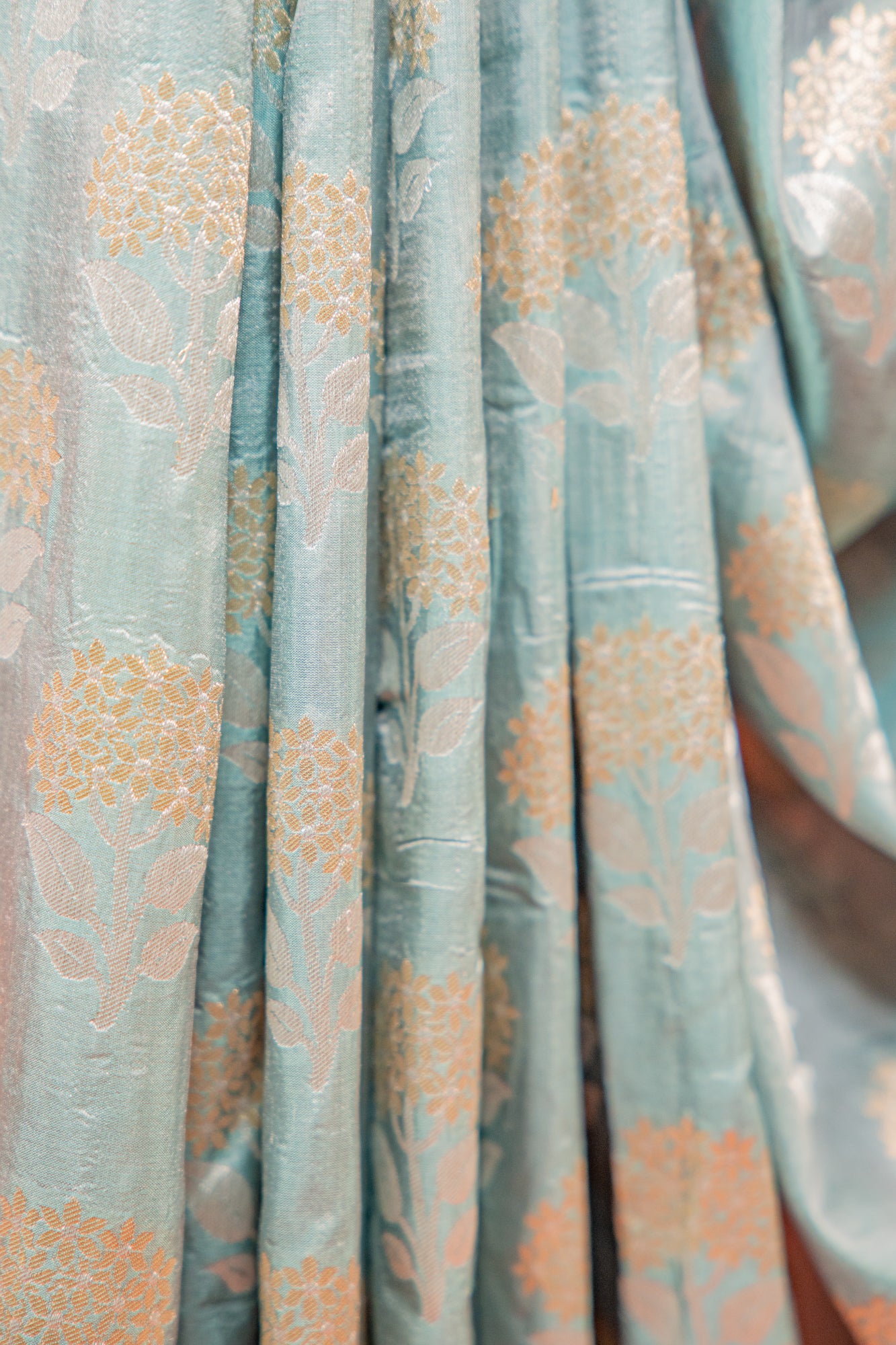 Ice Blue Pure Katan Banarasi Silk Saree with Bird Motif & Traditional Border
