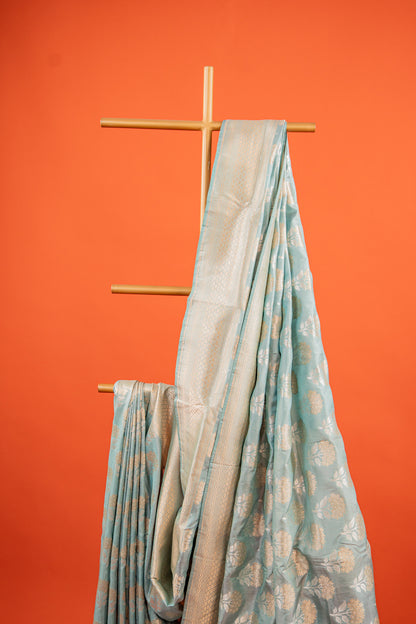Ice Blue Pure Katan Banarasi Silk Saree with Bird Motif & Traditional Border