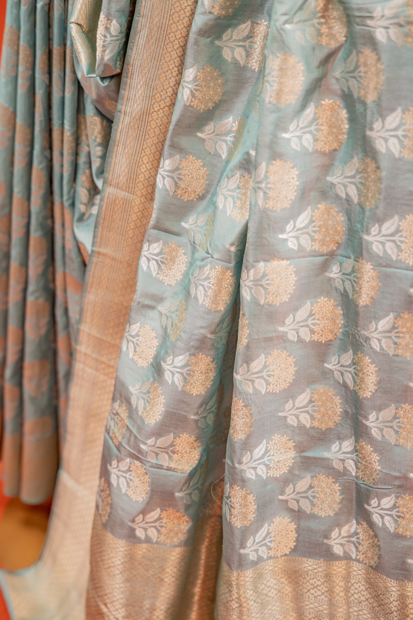 Ice Blue Pure Katan Banarasi Silk Saree with Bird Motif & Traditional Border