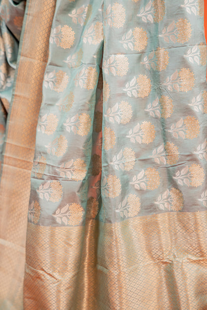 Ice Blue Pure Katan Banarasi Silk Saree with Bird Motif & Traditional Border
