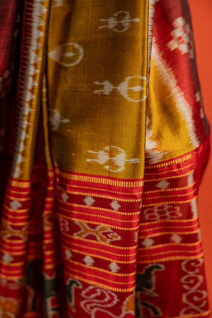 Olive Green Khandua Silk Saree with Tribal Doll & Kumbha Motifs | Odisha Handloom
