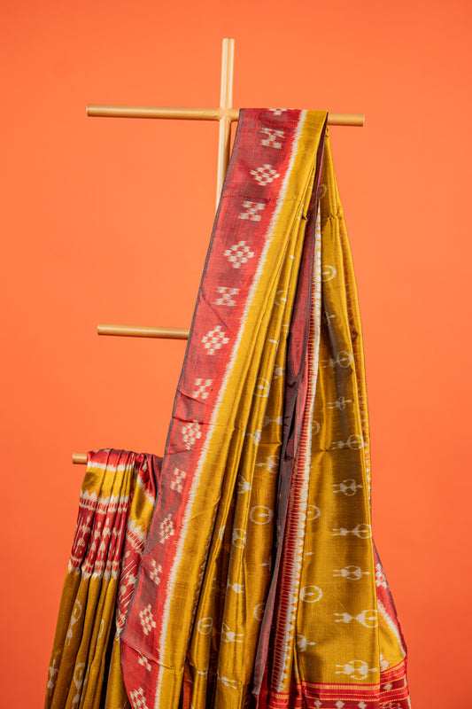 Olive Green Khandua Silk Saree with Tribal Doll & Kumbha Motifs | Odisha Handloom