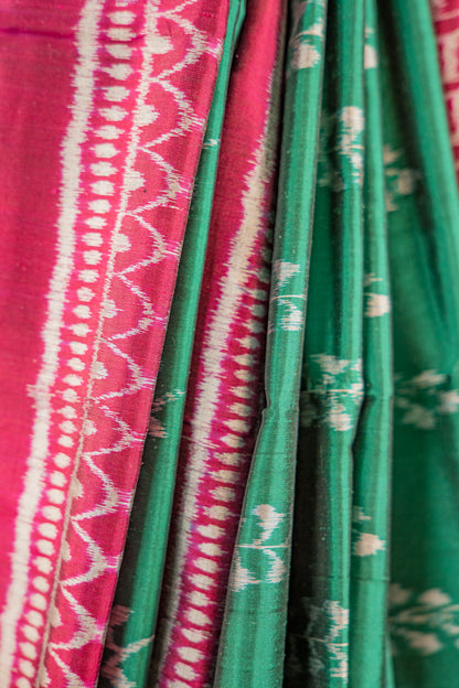 Emerald Green Khandua Silk Saree with Vine & Paisley Ikat Motifs | Odisha Handloom