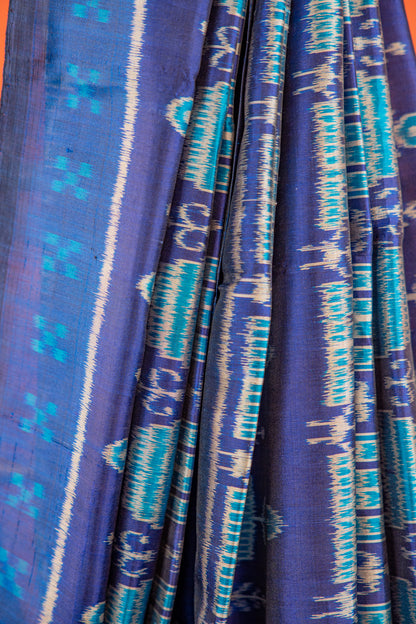 Royal Blue Khandua Silk Saree with Temple Chariot Ikat Motifs | Odisha Handloom