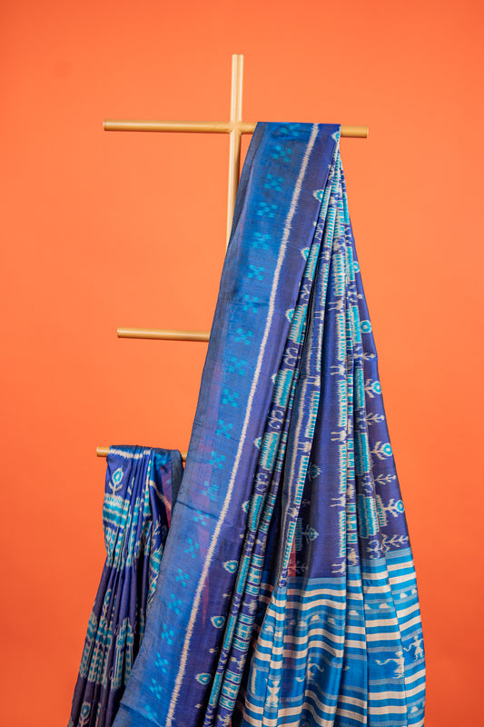 Royal Blue Khandua Silk Saree with Temple Chariot Ikat Motifs | Odisha Handloom