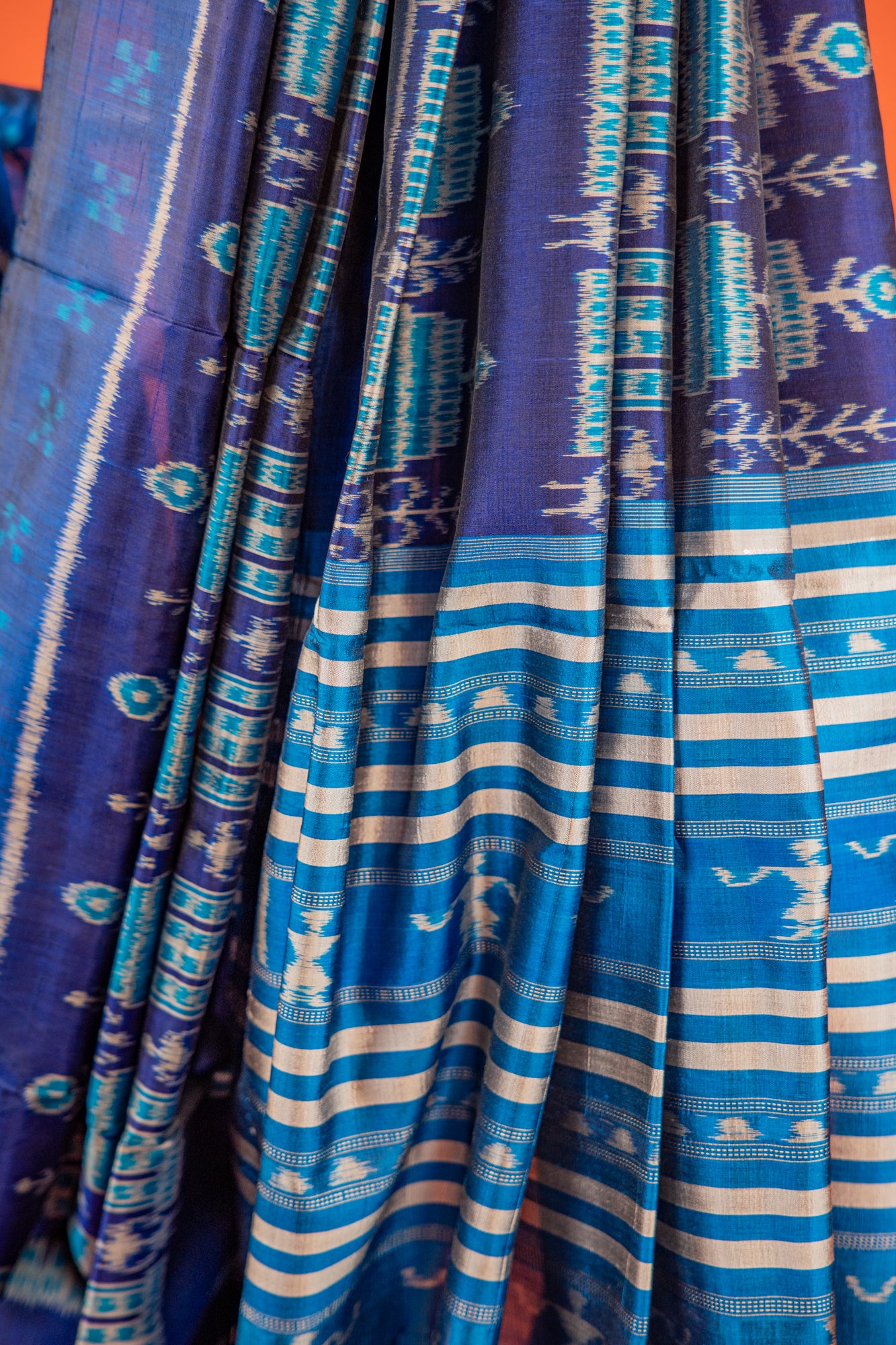 Royal Blue Khandua Silk Saree with Temple Chariot Ikat Motifs | Odisha Handloom