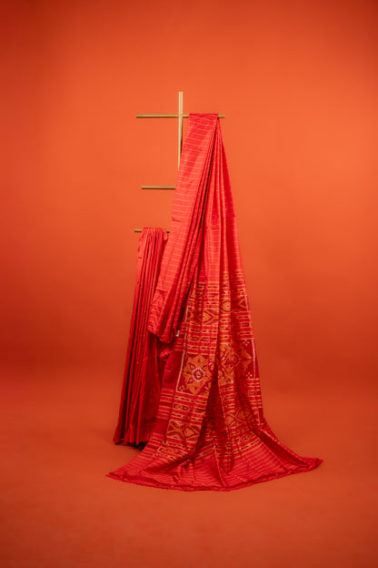 Crimson Red Khandua Silk Saree with Flame Teardrop Ikat Motifs | Odisha Handloom