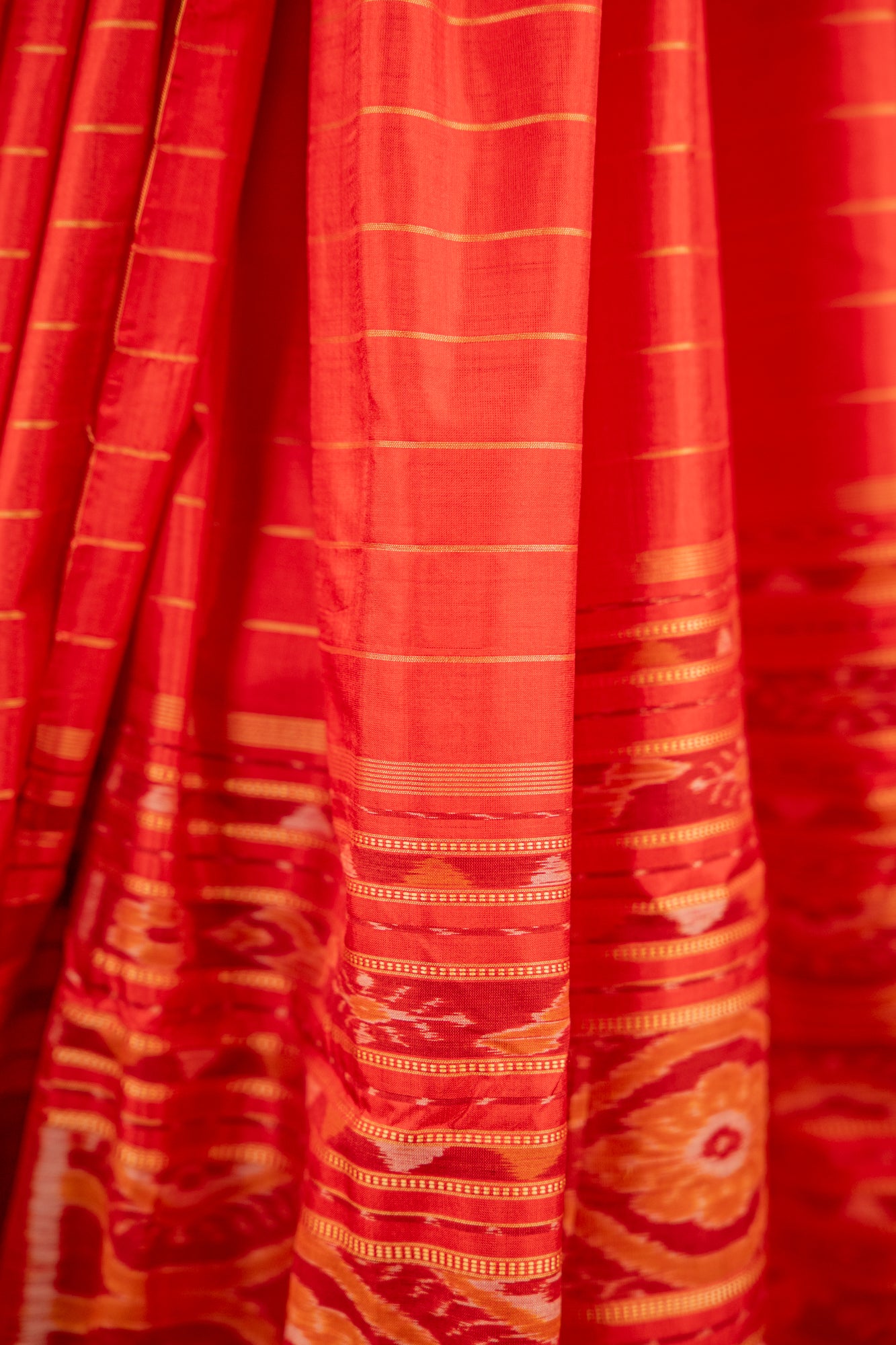 Crimson Red Khandua Silk Saree with Flame Teardrop Ikat Motifs | Odisha Handloom