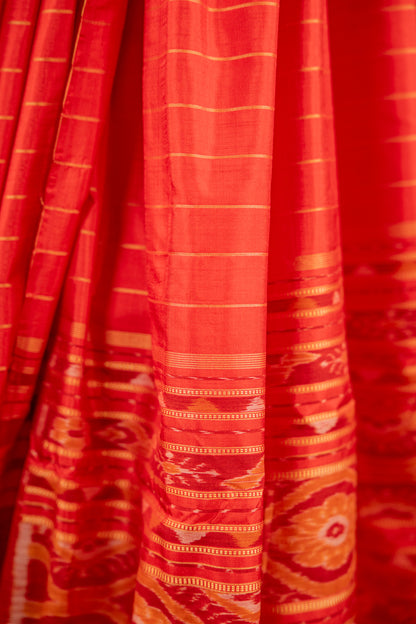Crimson Red Khandua Silk Saree with Flame Teardrop Ikat Motifs | Odisha Handloom