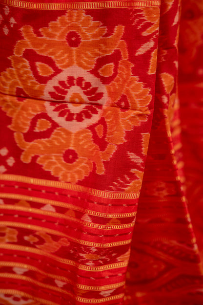 Crimson Red Khandua Silk Saree with Flame Teardrop Ikat Motifs | Odisha Handloom