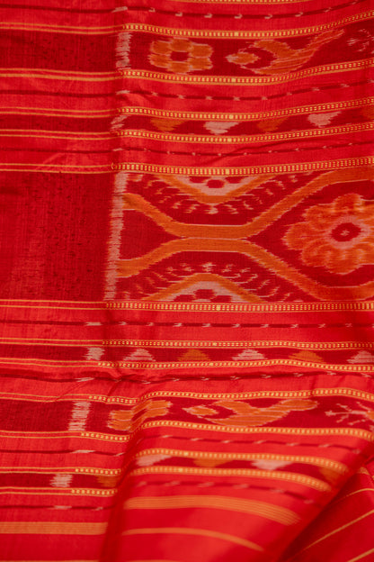 Crimson Red Khandua Silk Saree with Flame Teardrop Ikat Motifs | Odisha Handloom