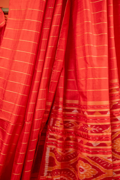 Saffron Orange Khandua Silk Saree with Padma Ikat Motifs | Odisha Handloom