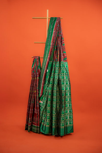 Maroon Khandua Silk Saree with Kumbha Temple-Peak Motifs | Odisha Handloom