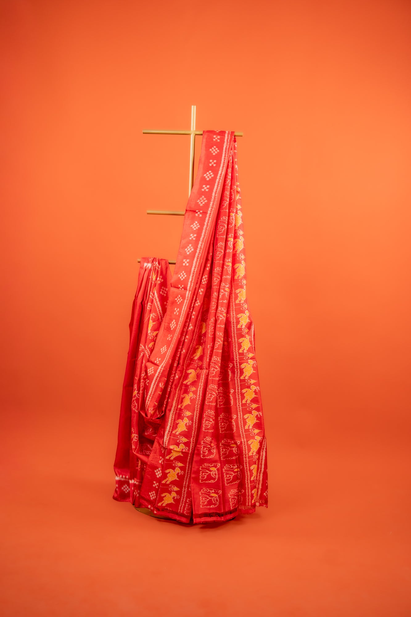 Crimson Red Khandua Silk Saree with Elephant & Deer Ikat Motifs | Odisha Handloom