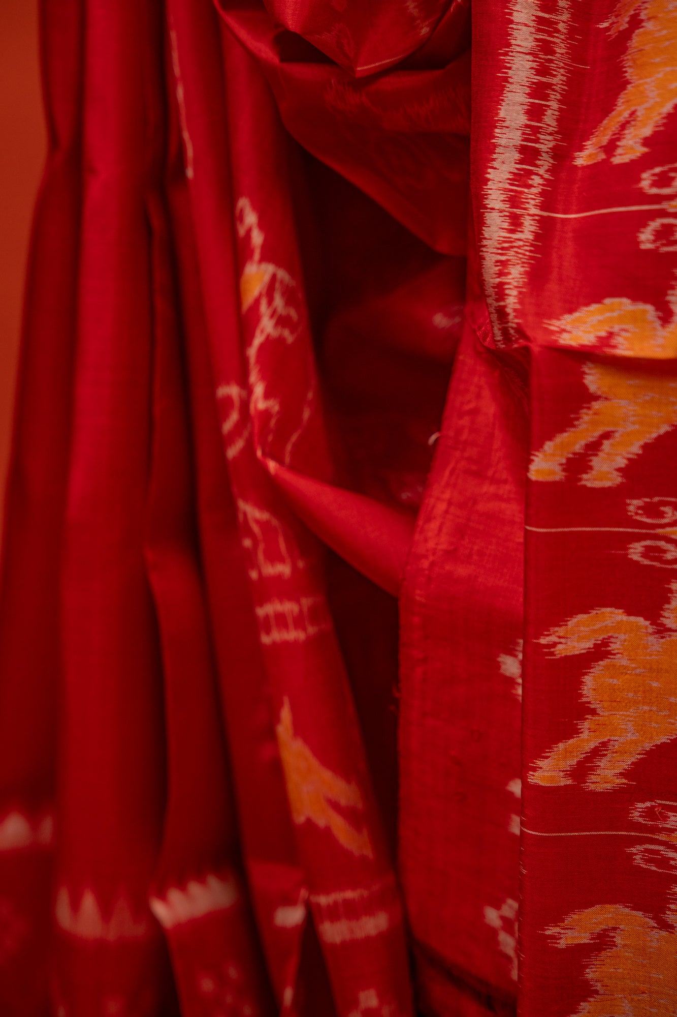 Crimson Red Khandua Silk Saree with Elephant & Deer Ikat Motifs | Odisha Handloom