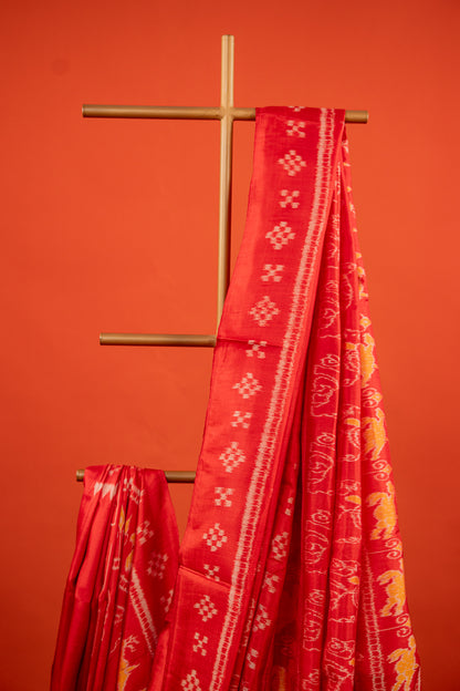 Crimson Red Khandua Silk Saree with Flame Teardrop Ikat Motifs | Odisha Handloom