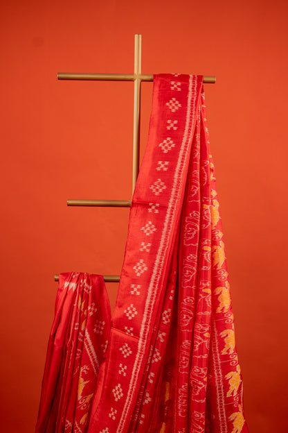 Crimson Red Khandua Silk Saree with Elephant & Deer Ikat Motifs | Odisha Handloom