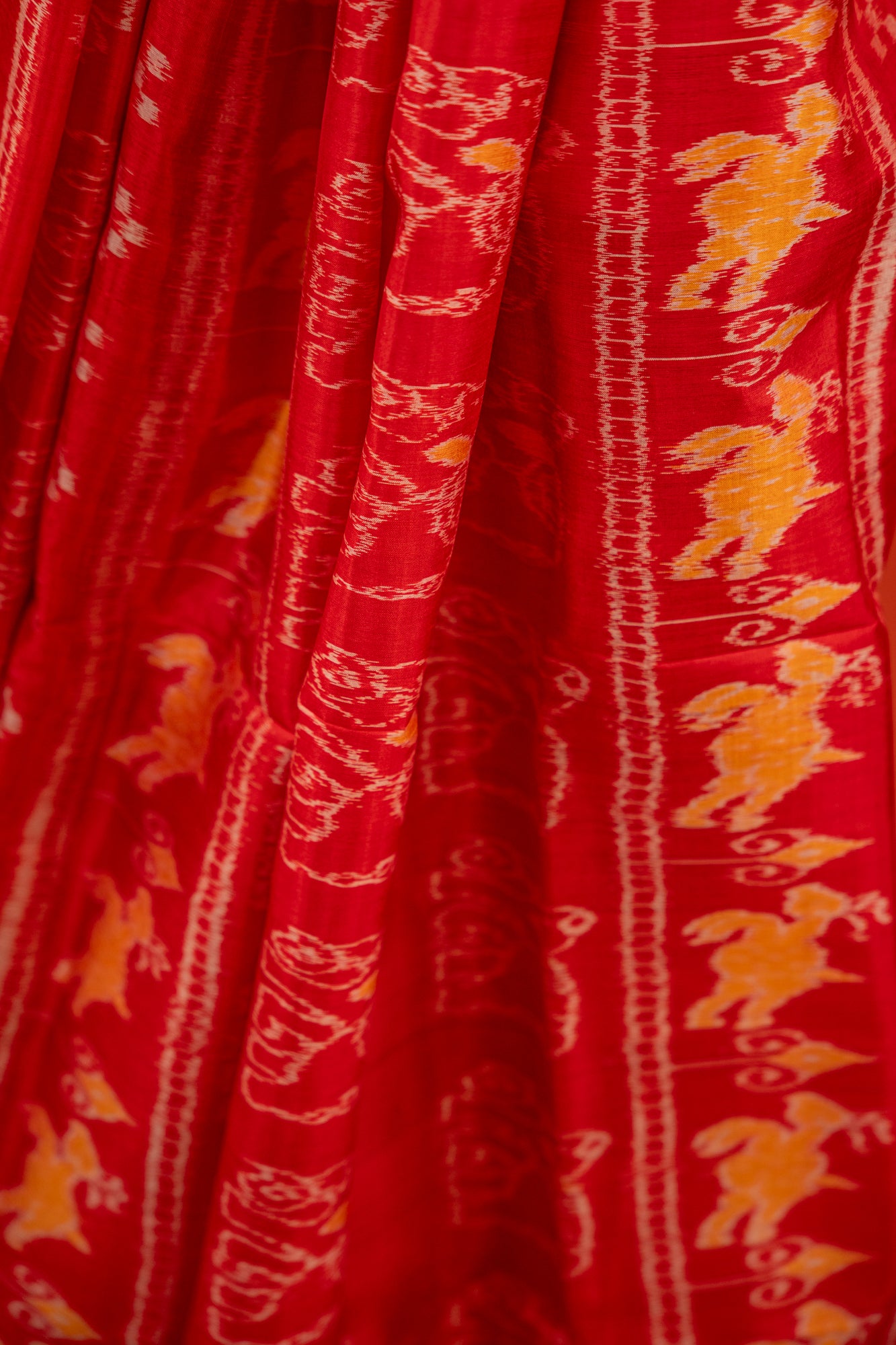 Crimson Red Khandua Silk Saree with Elephant & Deer Ikat Motifs | Odisha Handloom