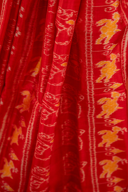 Crimson Red Khandua Silk Saree with Elephant & Deer Ikat Motifs | Odisha Handloom