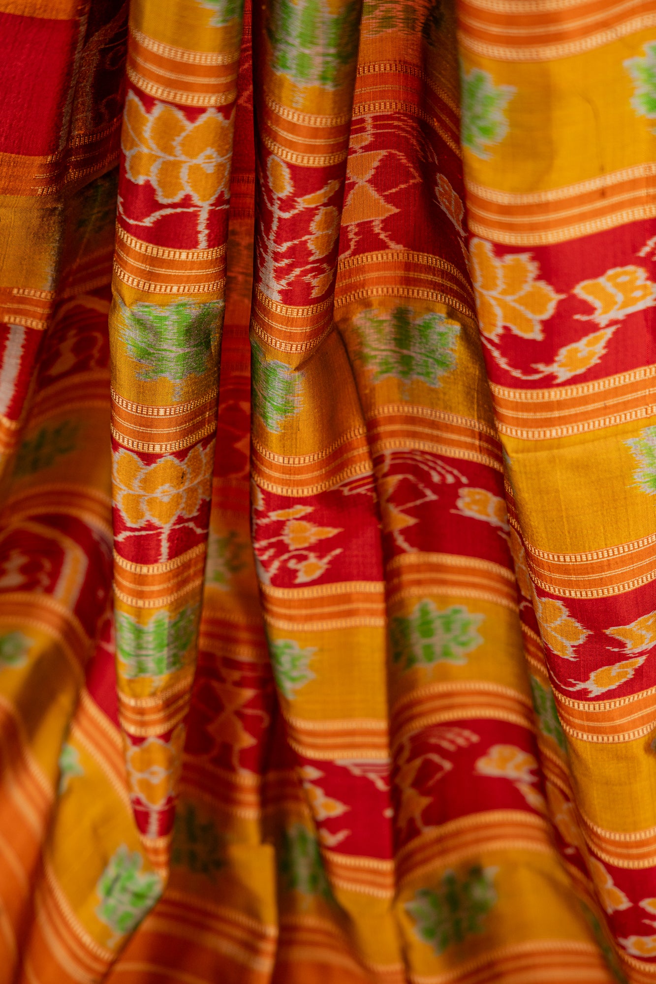 Jet Black Khandua Silk Saree with Geometric Ikat Grid Design | Odisha Handloom