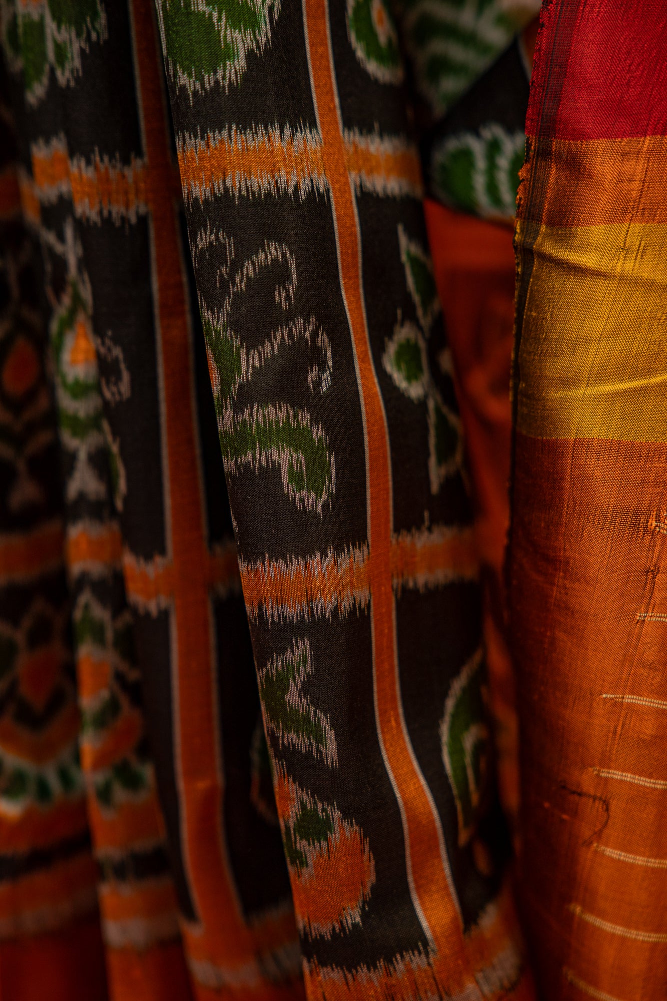 Jet Black Khandua Silk Saree with Geometric Ikat Grid Design | Odisha Handloom