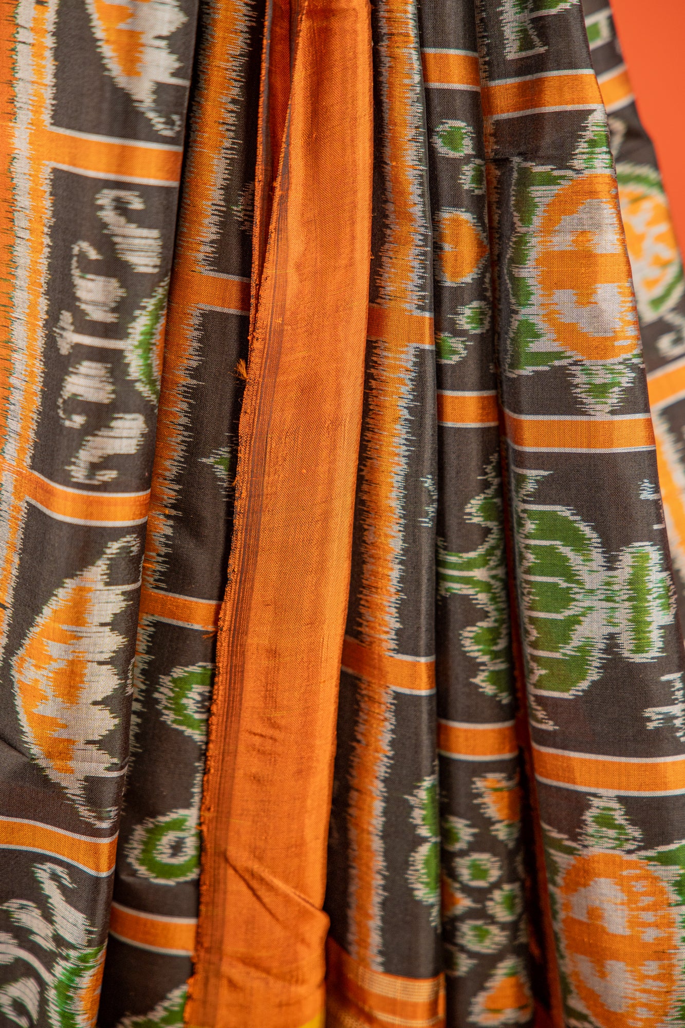 Jet Black Khandua Silk Saree with Geometric Ikat Grid Design | Odisha Handloom