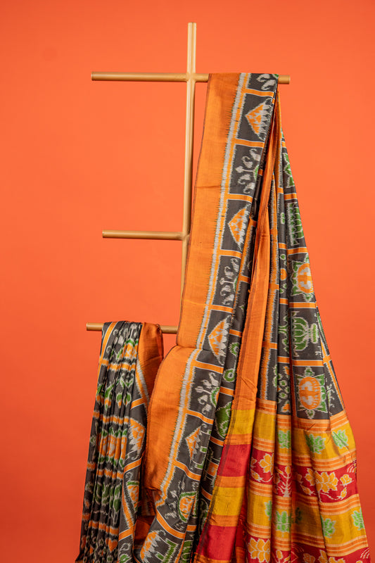 Jet Black Khandua Silk Saree with Geometric Ikat Grid Design | Odisha Handloom