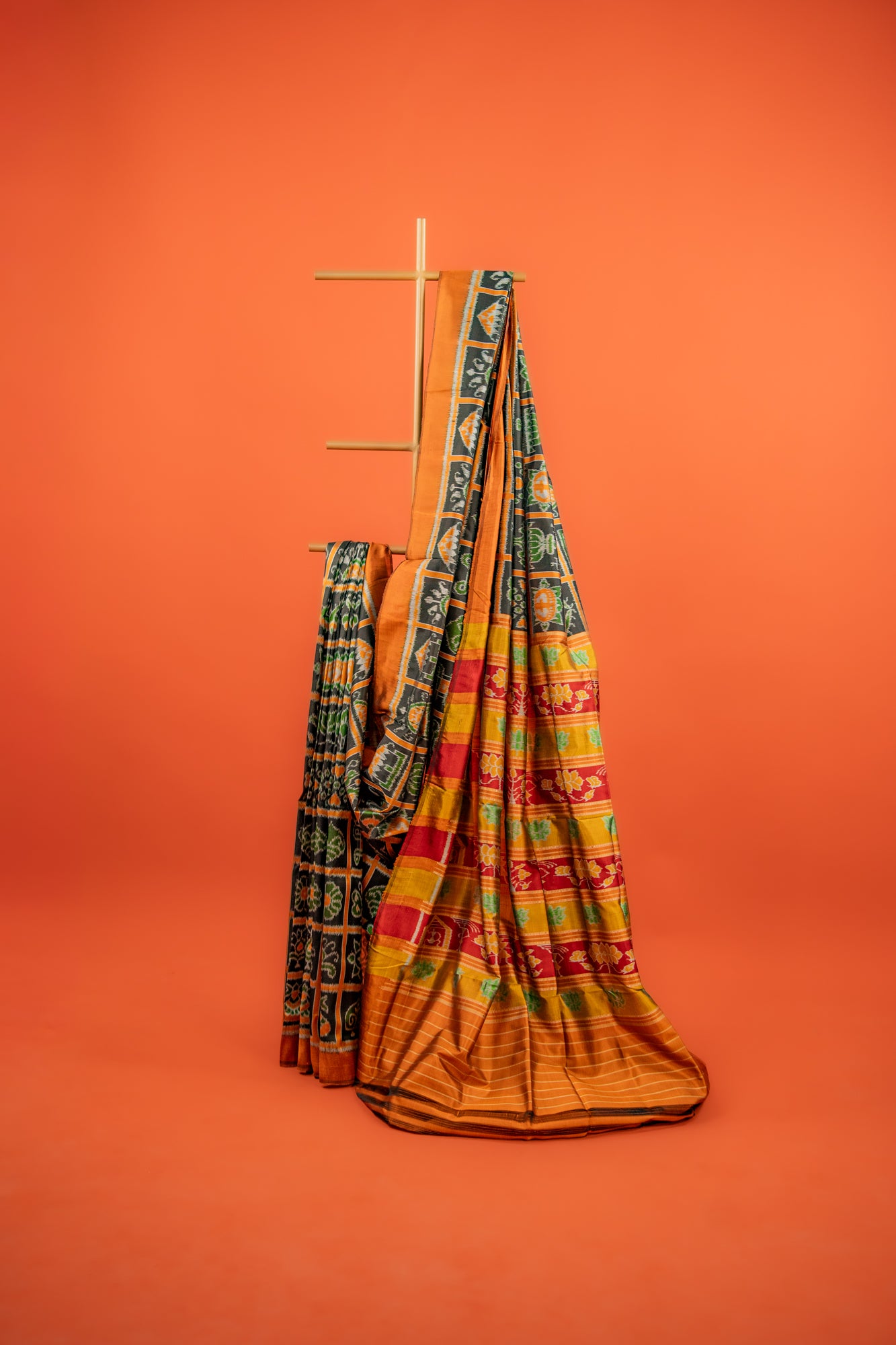Jet Black Khandua Silk Saree with Geometric Ikat Grid Design | Odisha Handloom