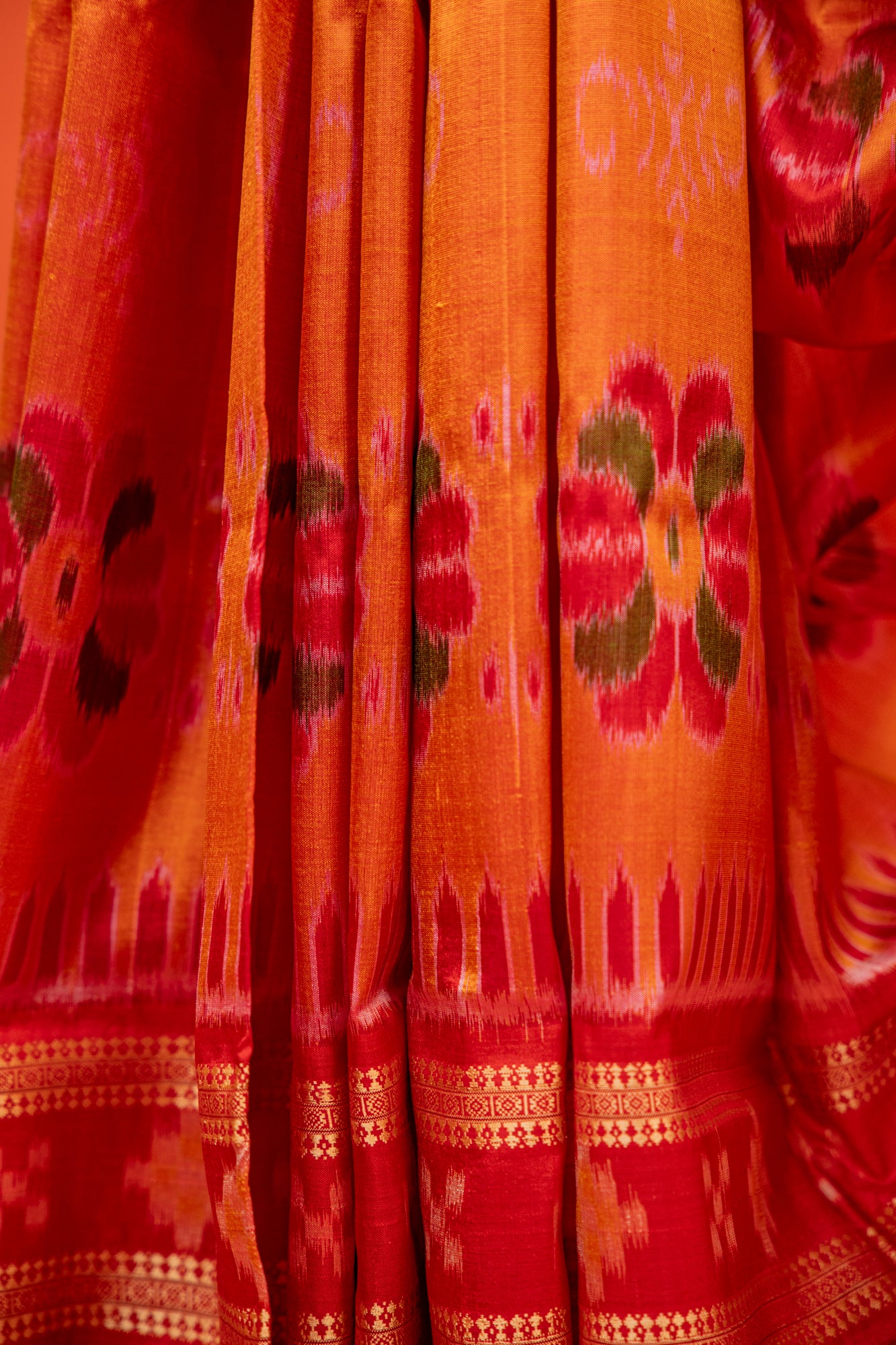 Saffron Orange Khandua Silk Saree with Padma Ikat Motifs | Odisha Handloom