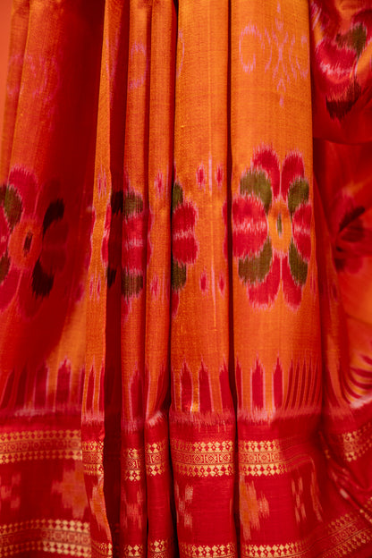 Saffron Orange Khandua Silk Saree with Padma Ikat Motifs | Odisha Handloom