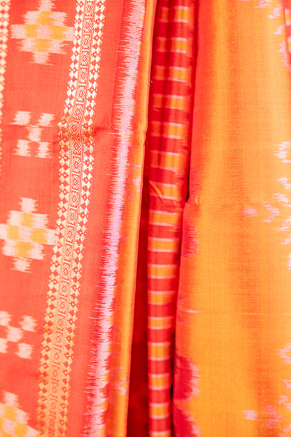Saffron Orange Khandua Silk Saree with Padma Ikat Motifs | Odisha Handloom