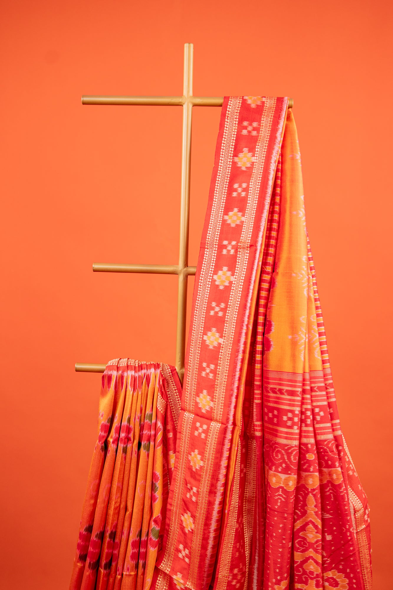 Saffron Orange Khandua Silk Saree with Padma Ikat Motifs | Odisha Handloom