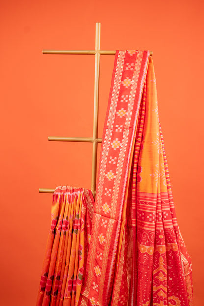 Saffron Orange Khandua Silk Saree with Padma Ikat Motifs | Odisha Handloom