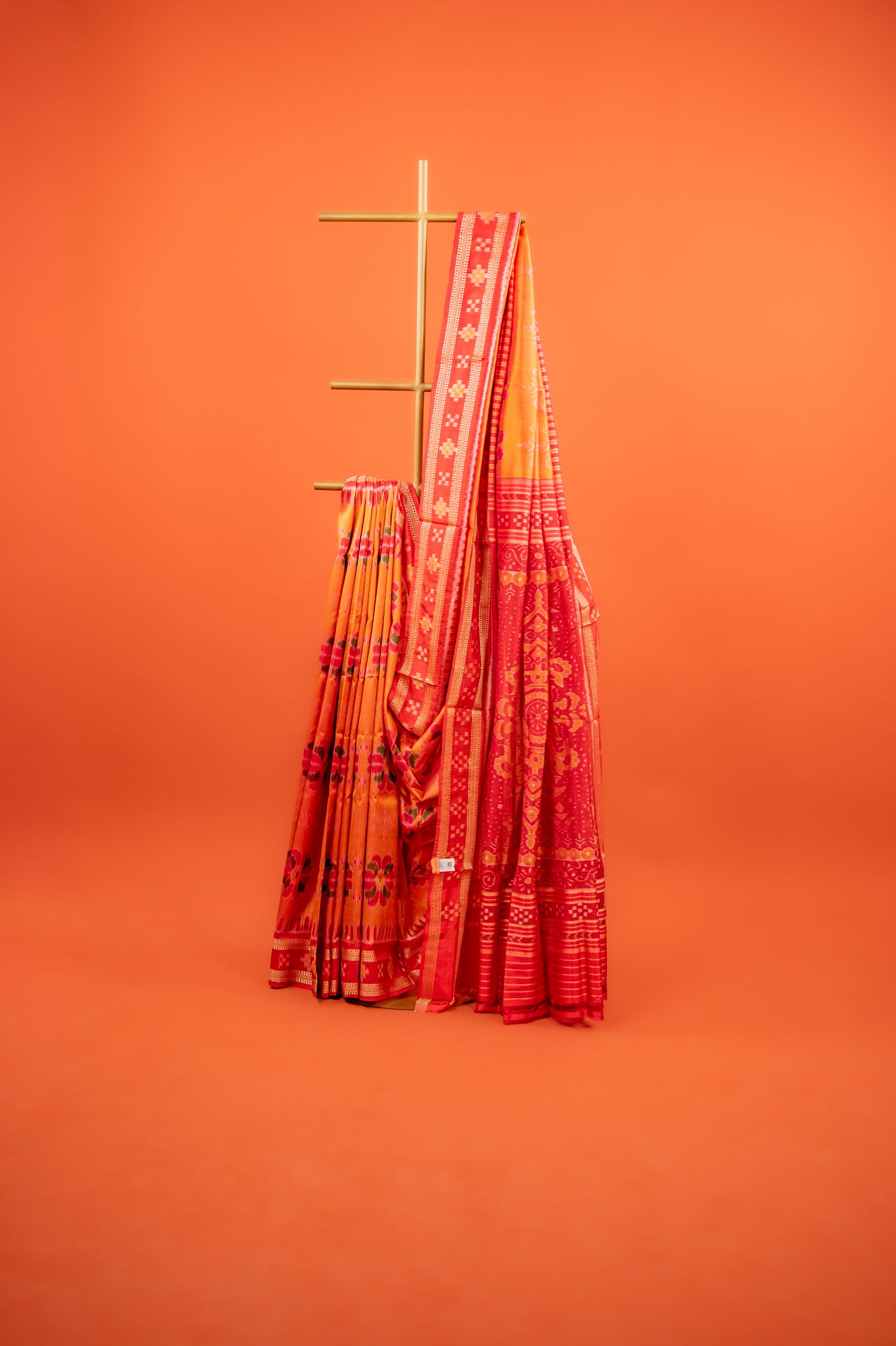 Saffron Orange Khandua Silk Saree with Padma Ikat Motifs | Odisha Handloom