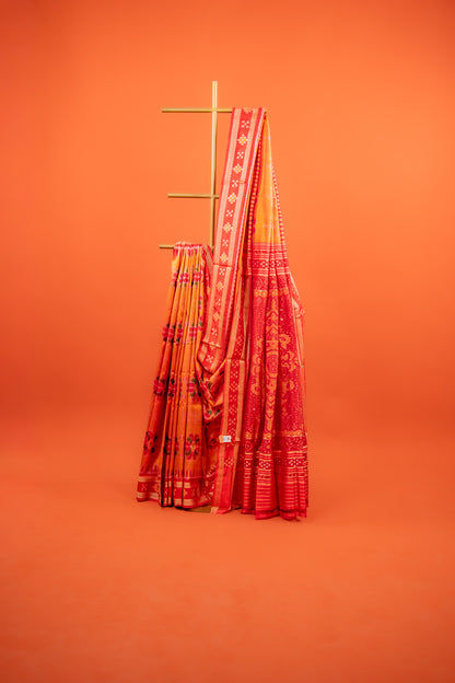 Saffron Orange Khandua Silk Saree with Padma Ikat Motifs | Odisha Handloom