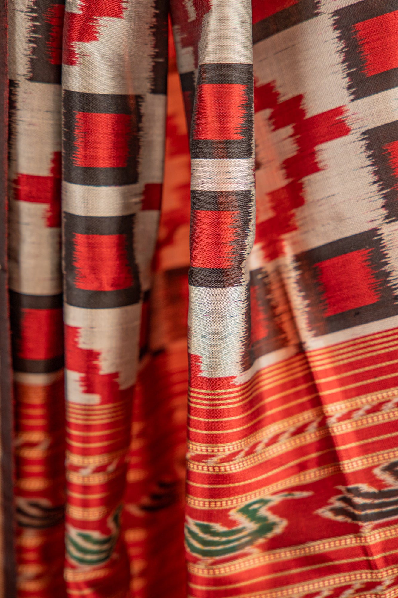 Black & Silver Khandua Silk Saree with Geometric Ikat Motifs | Odisha Handloom