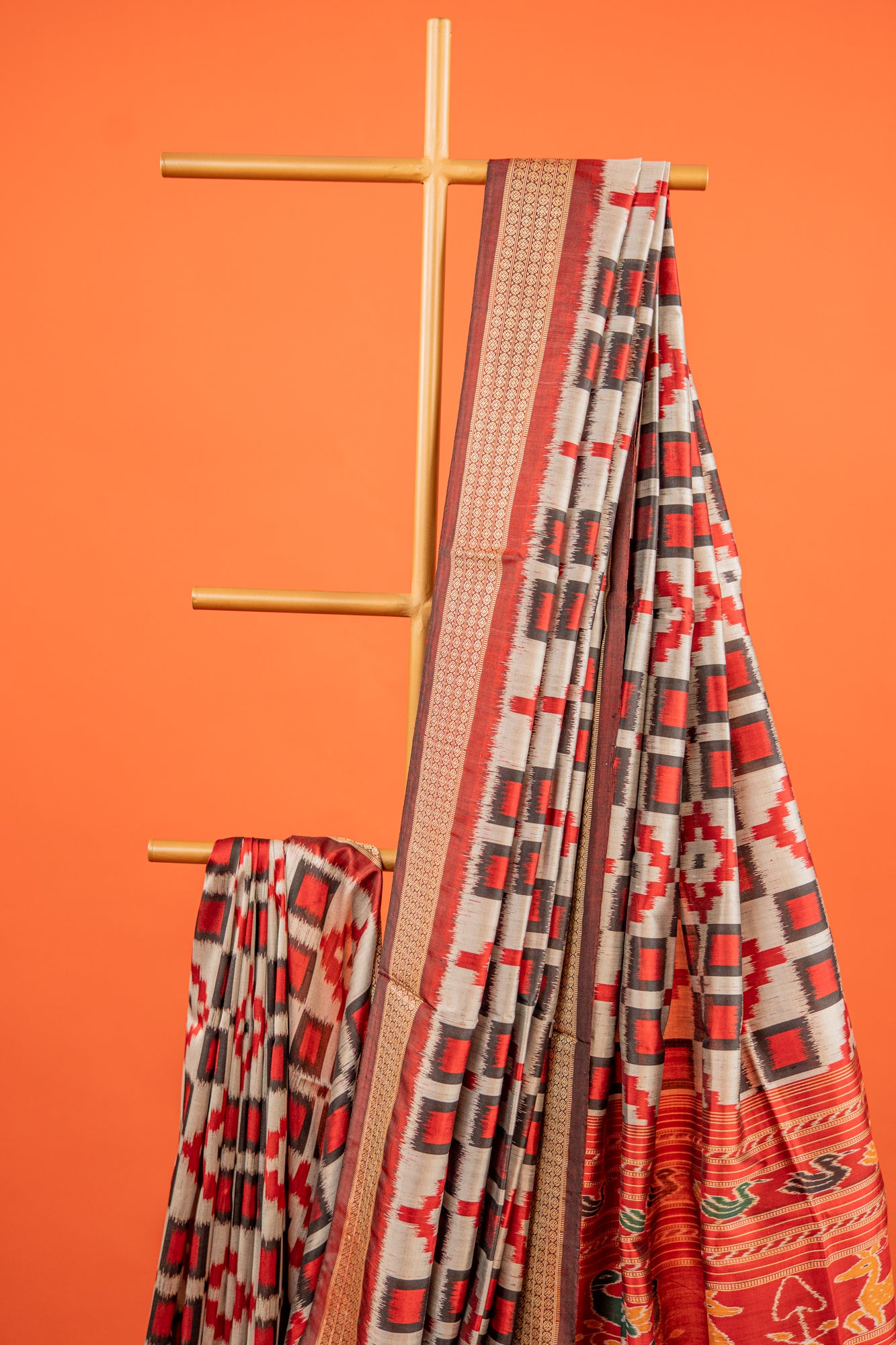 Black & Silver Khandua Silk Saree with Geometric Ikat Motifs | Odisha Handloom