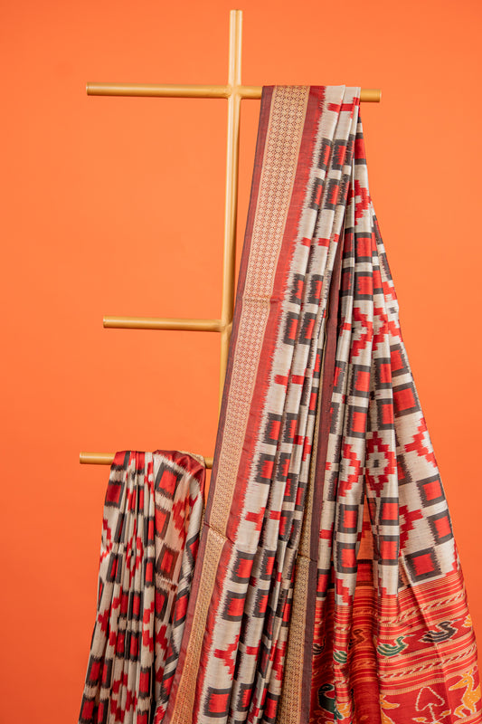 Black & Silver Khandua Silk Saree with Geometric Ikat Motifs | Odisha Handloom
