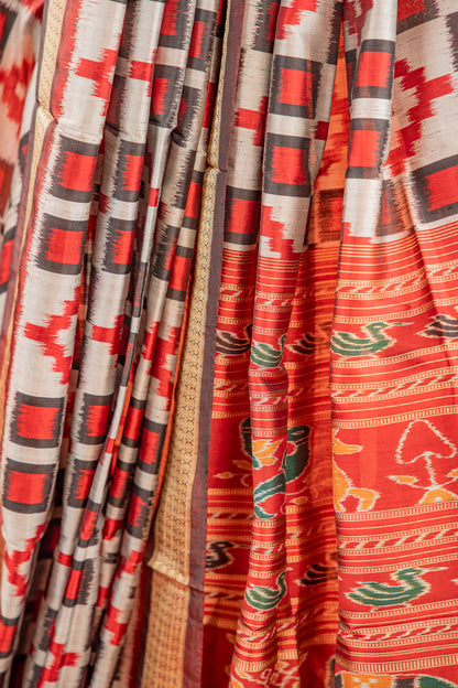 Black & Silver Khandua Silk Saree with Geometric Ikat Motifs | Odisha Handloom