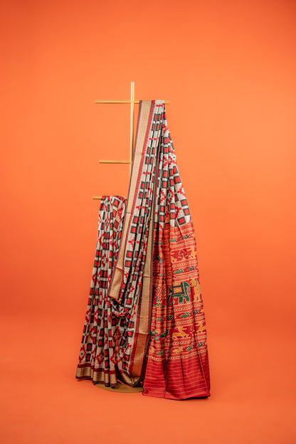 Black & Silver Khandua Silk Saree with Geometric Ikat Motifs | Odisha Handloom