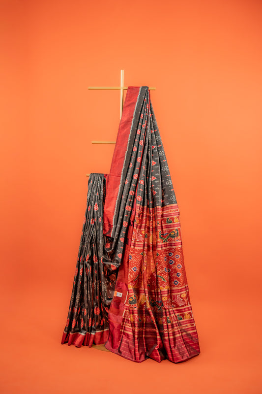 Black & Scarlet Khandua Silk Saree with Betel-Leaf Ikat Motifs | Odisha Handloom