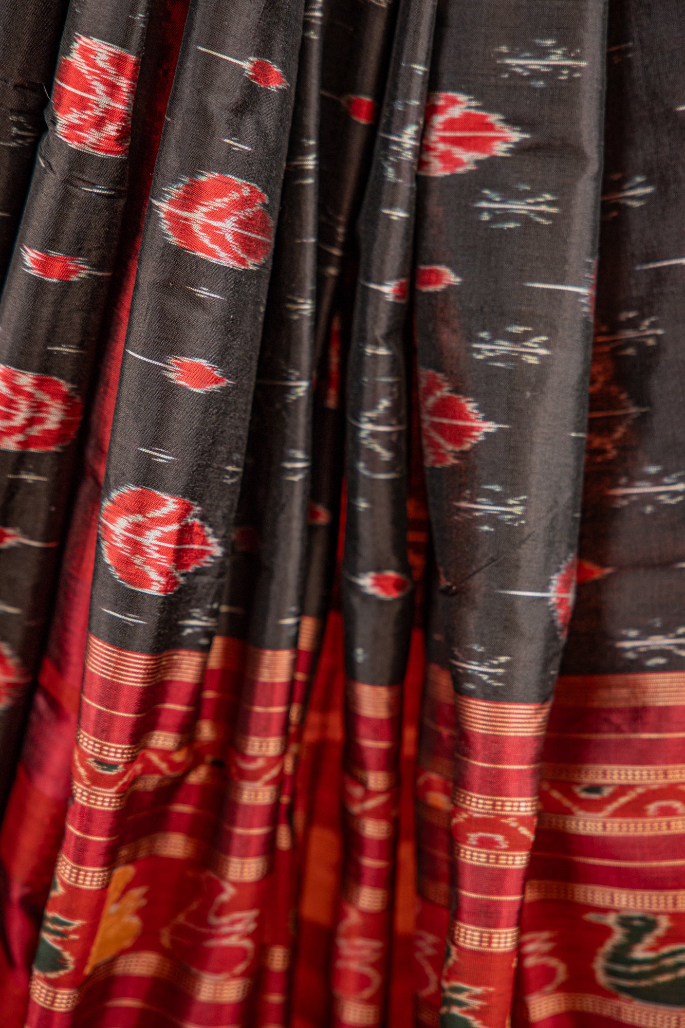 Black & Scarlet Khandua Silk Saree with Betel-Leaf Ikat Motifs | Odisha Handloom