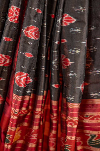 Black & Scarlet Khandua Silk Saree with Betel-Leaf Ikat Motifs | Odisha Handloom