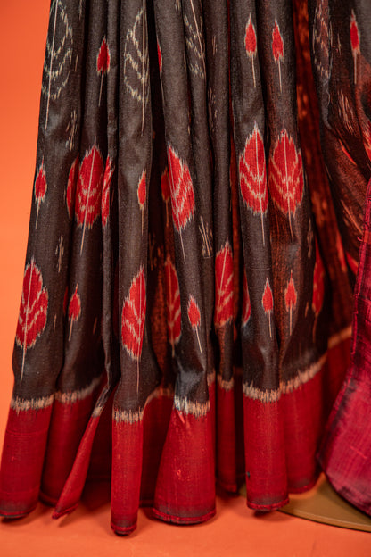 Black & Scarlet Khandua Silk Saree with Betel-Leaf Ikat Motifs | Odisha Handloom