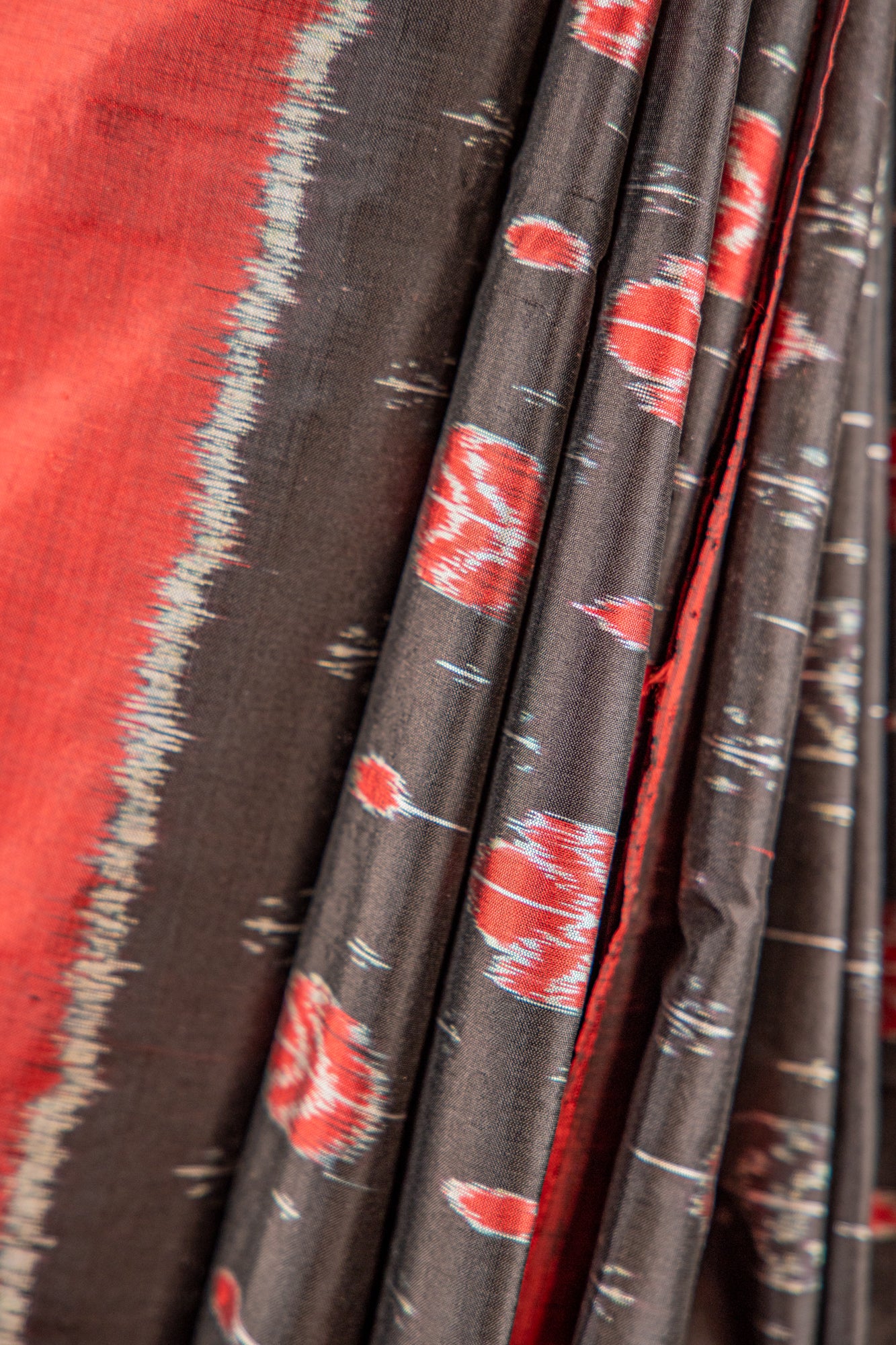 Black & Scarlet Khandua Silk Saree with Betel-Leaf Ikat Motifs | Odisha Handloom