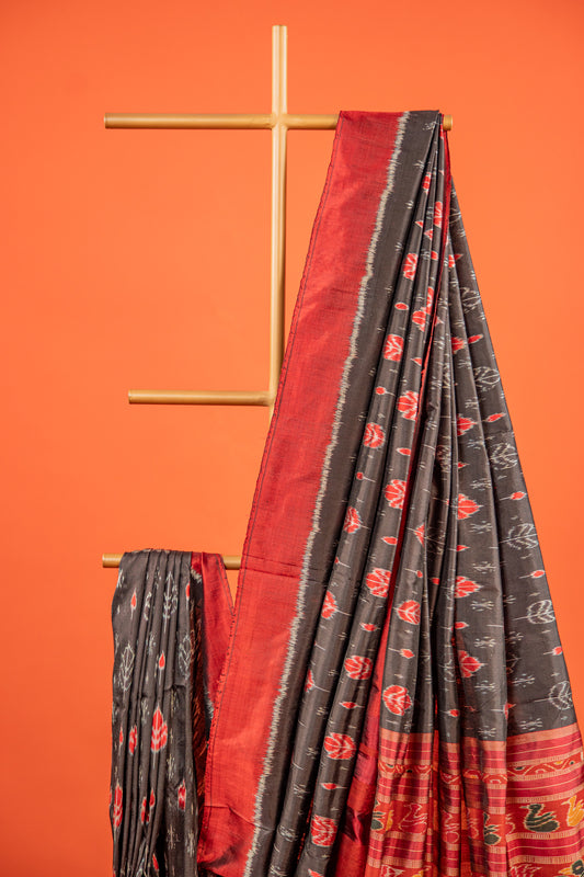 Black & Scarlet Khandua Silk Saree with Betel-Leaf Ikat Motifs | Odisha Handloom