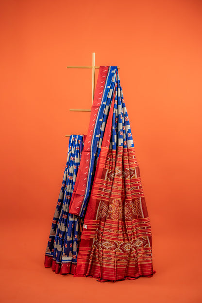 Cobalt Blue Khandua Silk Saree with Temple-Step Geometric Motifs | Odisha Handloom