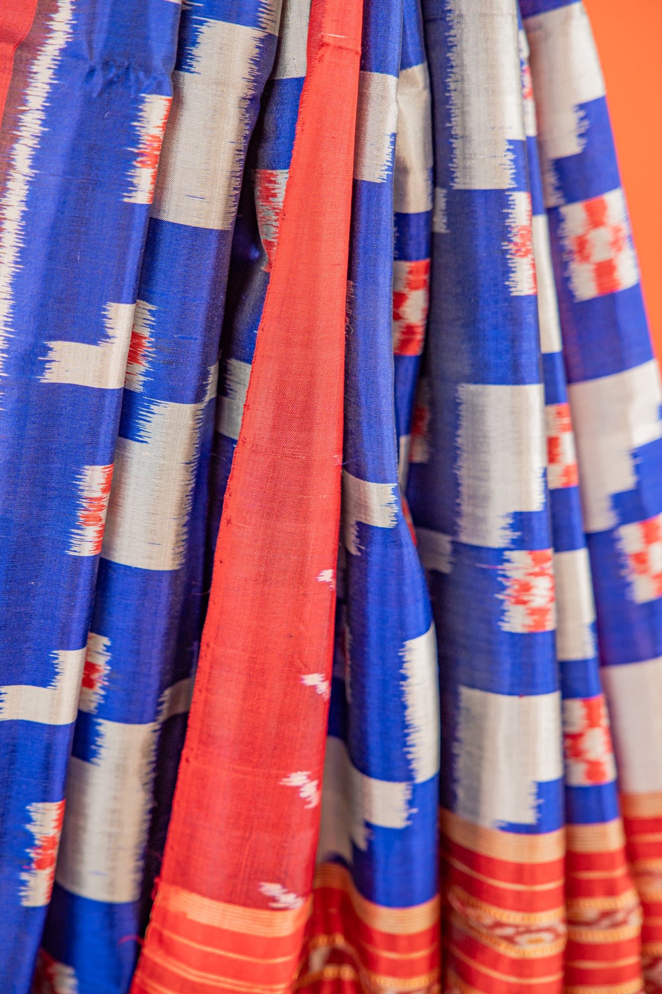 Cobalt Blue Khandua Silk Saree with Temple-Step Geometric Motifs | Odisha Handloom
