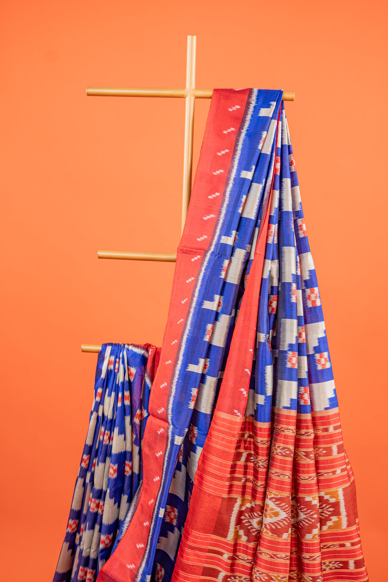 Cobalt Blue Khandua Silk Saree with Temple-Step Geometric Motifs | Odisha Handloom