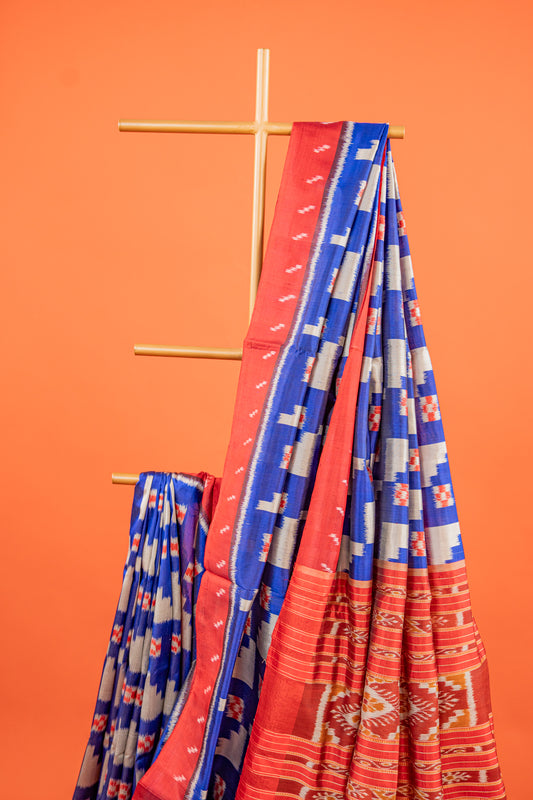 Cobalt Blue Khandua Silk Saree with Temple-Step Geometric Motifs | Odisha Handloom